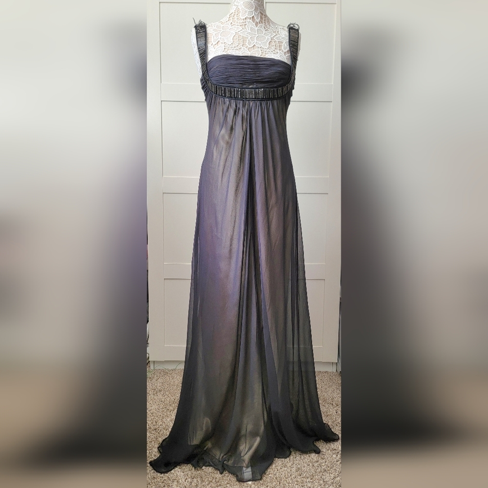$795 NEW MARC BOUWER BLACK SILK CHIFFON W. BEADS LONG GOWN US 0